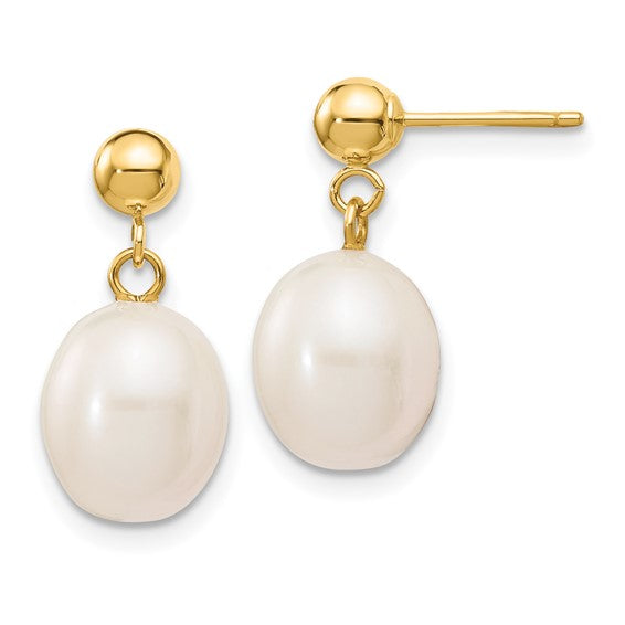 14kt Yellow Gold 7-8mm White Rice Freshwater Cultured Pearl Post Dangle Earrings