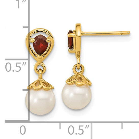 14kt Yellow Gold 6-7mm FWC Pearl Mozambique Garnet Dangle Post Earrings