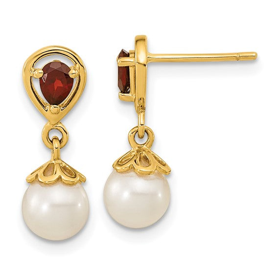 14kt Yellow Gold 6-7mm FWC Pearl Mozambique Garnet Dangle Post Earrings