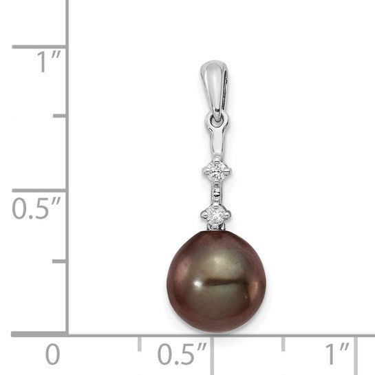 14kt White Gold 8-9mm Black Teardrop Tahitian Saltwater Cultured Pearl and .04 Carat Diamond Pendant