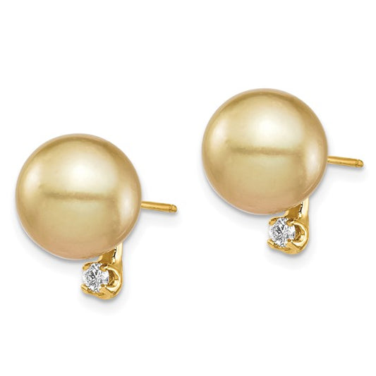 14kt Yellow Gold 9-10mm Round Golden South Sea Saltwater Cultured Pearl and .10 Carat Diamond Post Earrings