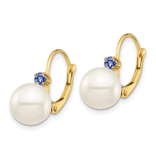 14kt Yellow Gold 8-8.5mm White Round Freshwater Cultured Pearl and .14TZ Tanzanite Leverback Earrings