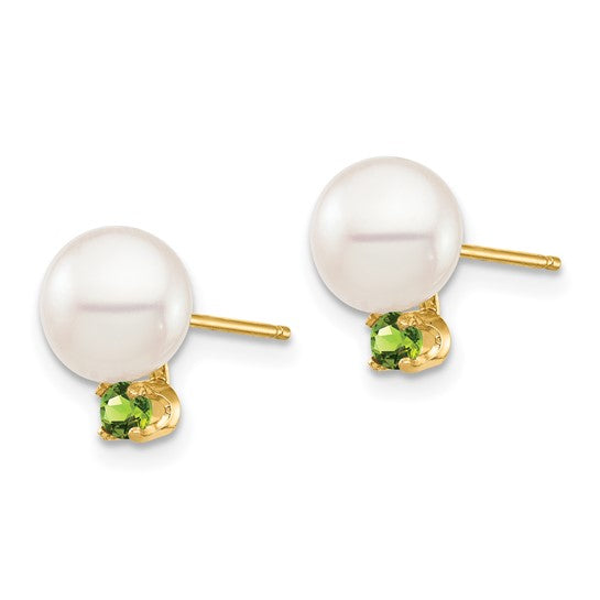 14kt Yellow Gold 7-7.5mm White Round Freshwater Cultured Pearl and .14PE Peridot Post Earrings
