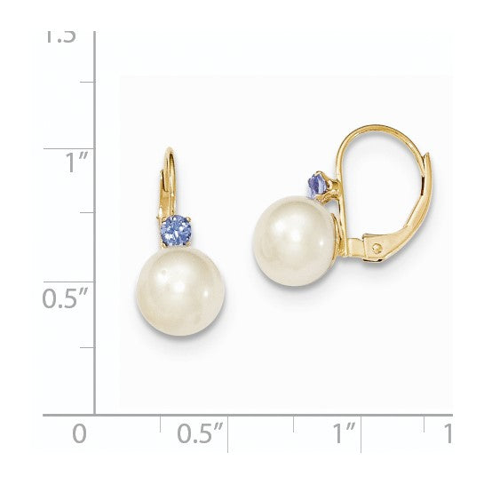 14kt Yellow Gold 7-7.5mm White Round FW Cultured Pearl Tanzanite Leverback Earrings
