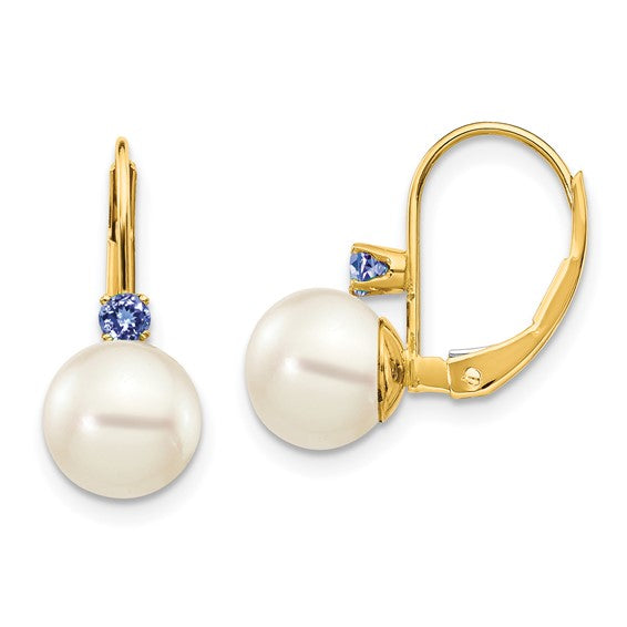 14kt Yellow Gold 7-7.5mm White Round FW Cultured Pearl Tanzanite Leverback Earrings