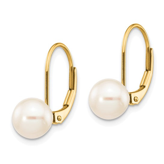 14kt Yellow Gold 7-8mm White Round Freshwater Cultured Pearl Leverback Earrings