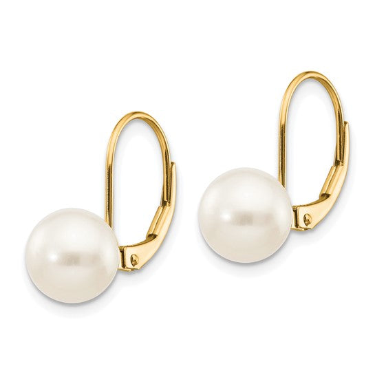 14kt Yellow Gold 8-9mm White Round Freshwater Cultured Pearl Leverback Earrings