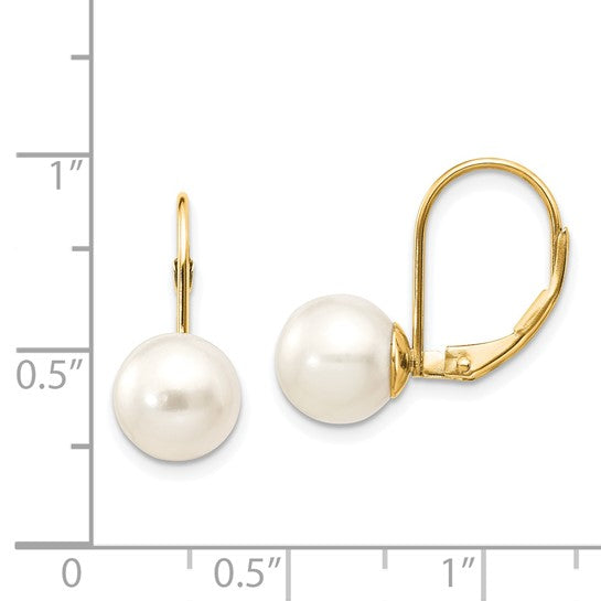14kt Yellow Gold 8-9mm White Round Freshwater Cultured Pearl Leverback Earrings