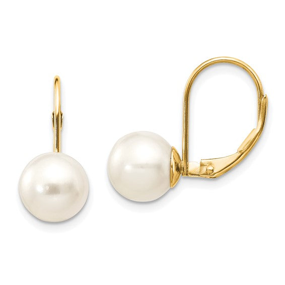 14kt Yellow Gold 8-9mm White Round Freshwater Cultured Pearl Leverback Earrings