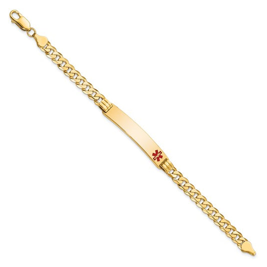 14KT Yellow Gold Medical Solid Chain/Solid Plate 38x8mm Off-Center Red Enamel Curb Link 7 inch ID Bracelet