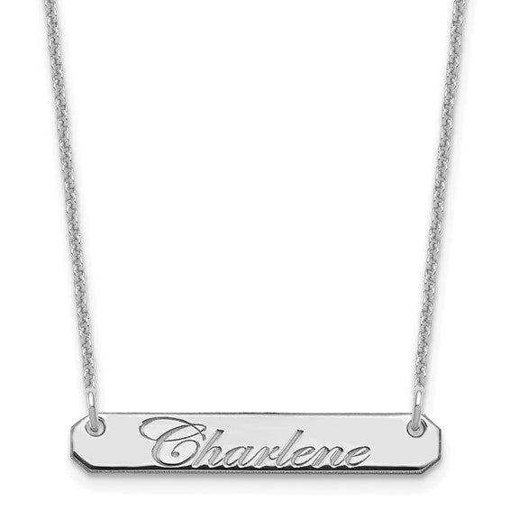 14kt White Gold Small EDWARDIAN SCRIPT Bar Necklace