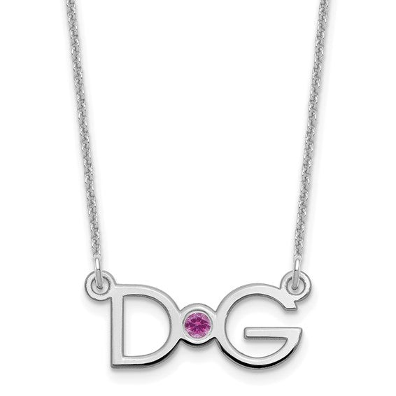 14kt White Gold 2 Initials w/14k/rhodium-plated Bezel Birthstone Necklace