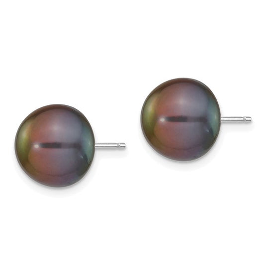 14kt White Gold 10-11mm Black Button Freshwater Cultured Pearl Stud Post Earrings