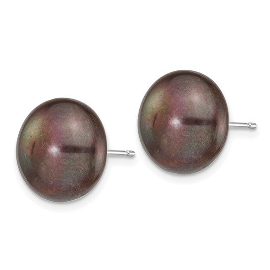 14kt White Gold 12-13mm Black Button Freshwater Cultured Pearl Stud Post Earrings