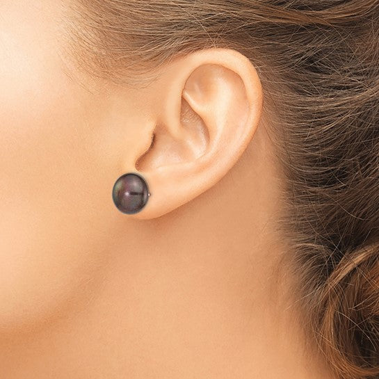 14kt White Gold 12-13mm Black Button Freshwater Cultured Pearl Stud Post Earrings