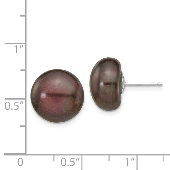 14kt White Gold 12-13mm Black Button Freshwater Cultured Pearl Stud Post Earrings