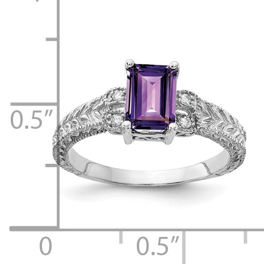 14kt White Gold 7x5mm Emerald Cut Amethyst AAA Diamond ring