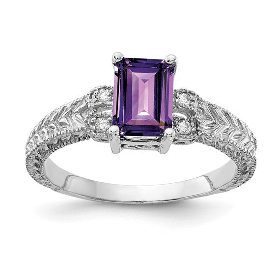 14kt White Gold 7x5mm Emerald Cut Amethyst AAA Diamond ring
