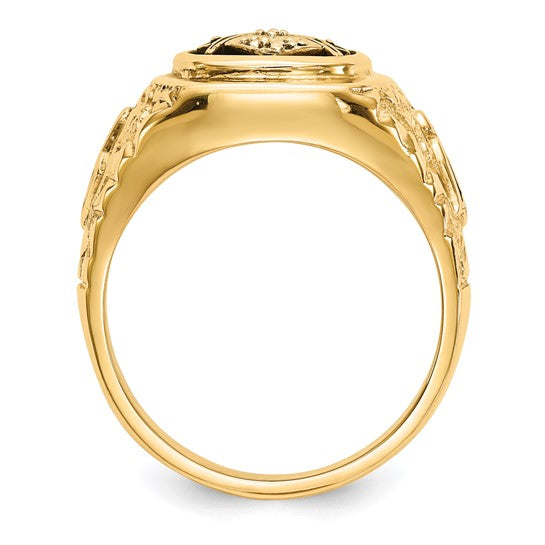 14kt Yellow Gold Polished, Antiqued and Nugget Texture AA Quality Diamond Masonic Ring