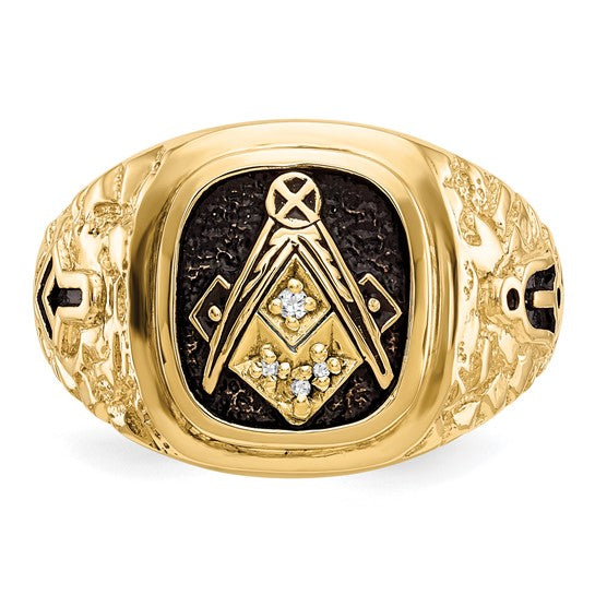 14kt Yellow Gold Polished, Antiqued and Nugget Texture AA Quality Diamond Masonic Ring