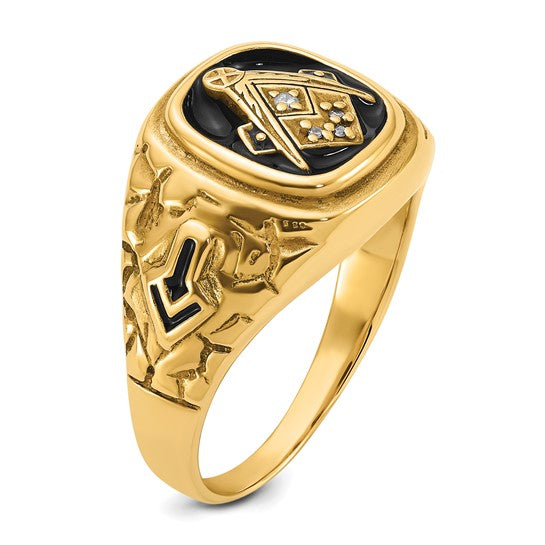 14kt Yellow Gold Polished, Antiqued and Nugget Texture AA Quality Diamond Masonic Ring