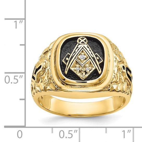 14kt Yellow Gold Polished, Antiqued and Nugget Texture AA Quality Diamond Masonic Ring