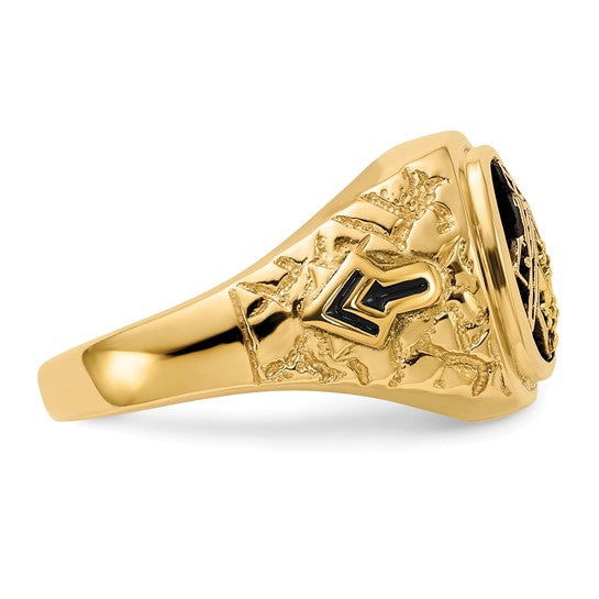 14kt Yellow Gold Polished, Antiqued and Nugget Texture AA Quality Diamond Masonic Ring