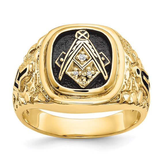 14kt Yellow Gold Polished, Antiqued and Nugget Texture AA Quality Diamond Masonic Ring