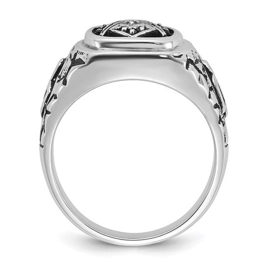 14kt White Gold Men's Polished Antiqued and Textured with Black Enamel and AA Quality Diamonds Masonic Ring