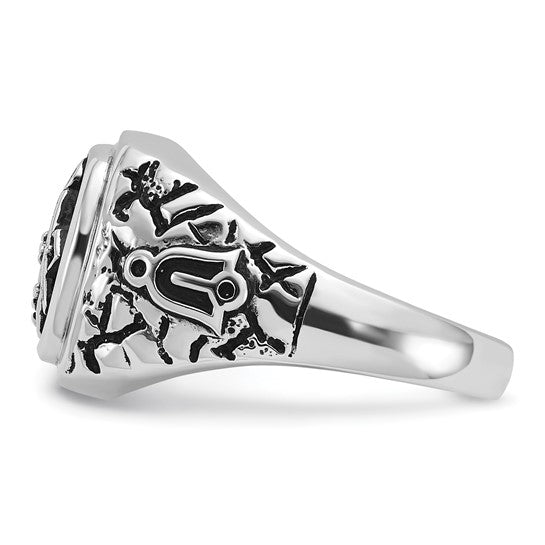 14kt White Gold Men's Polished Antiqued and Textured with Black Enamel and AA Quality Diamonds Masonic Ring