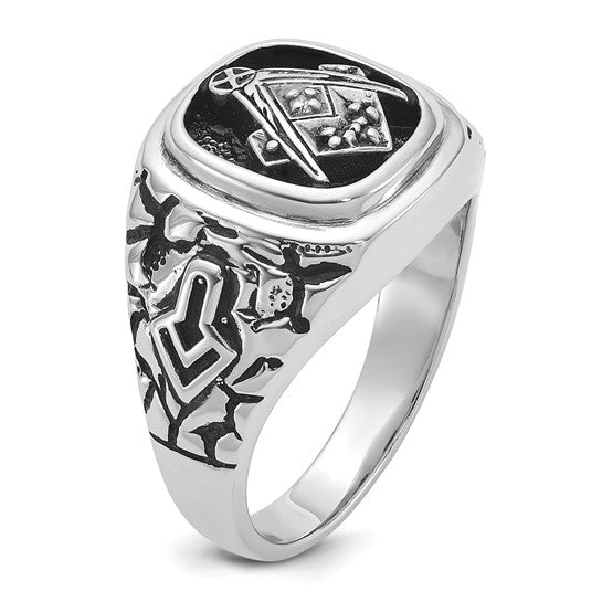 14kt White Gold Men's Polished Antiqued and Textured with Black Enamel and AA Quality Diamonds Masonic Ring