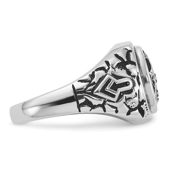 14kt White Gold Men's Polished Antiqued and Textured with Black Enamel and A Quality Diamonds Masonic Ring