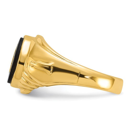 14kt Yellow Gold Men's Polished and Textured with Oval Onyx Masonic Ring