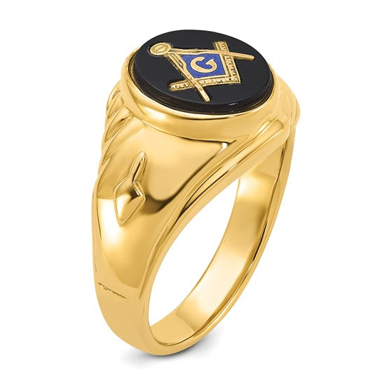14kt Yellow Gold Men's Polished and Textured with Oval Onyx Masonic Ring