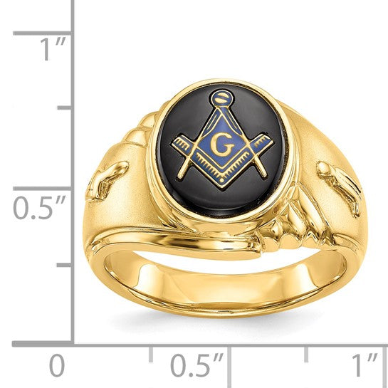 14kt Yellow Gold Men's Polished and Textured with Oval Onyx Masonic Ring