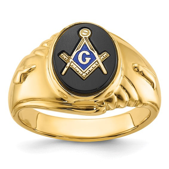 14kt Yellow Gold Men's Polished and Textured with Oval Onyx Masonic Ring
