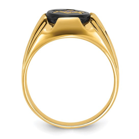 14kt Yellow Gold Men's Polished, Antiqued and Grooved with Oval Onyx Masonic Ring