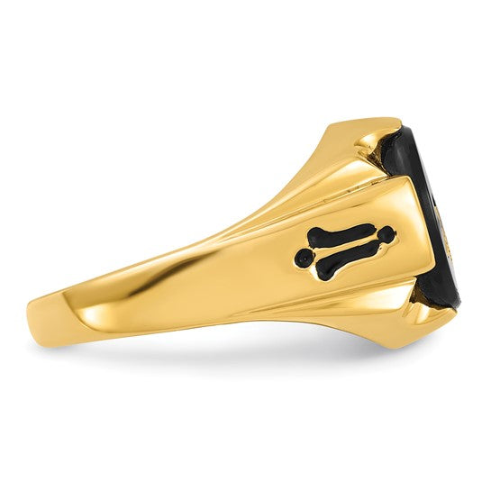 14kt Yellow Gold Men's Polished, Antiqued and Grooved with Oval Onyx Masonic Ring