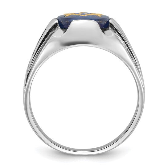 14kt White Gold Men's Polished, Antiqued and Grooved with Imitation Blue Spinel Masonic Ring