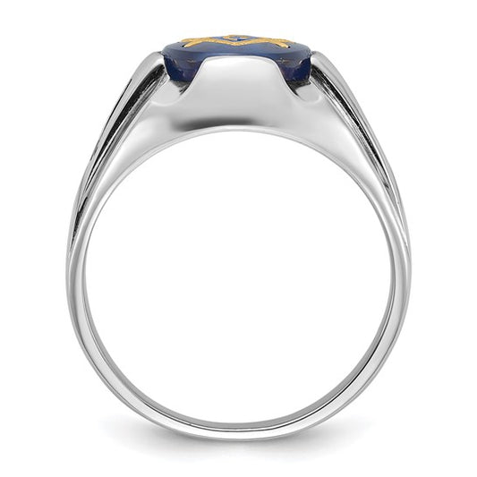 14kt White Gold Men's Polished, Antiqued and Grooved with Imitation Blue Spinel Masonic Ring