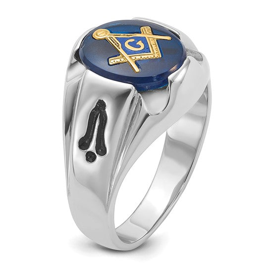 14kt White Gold Men's Polished, Antiqued and Grooved with Imitation Blue Spinel Masonic Ring