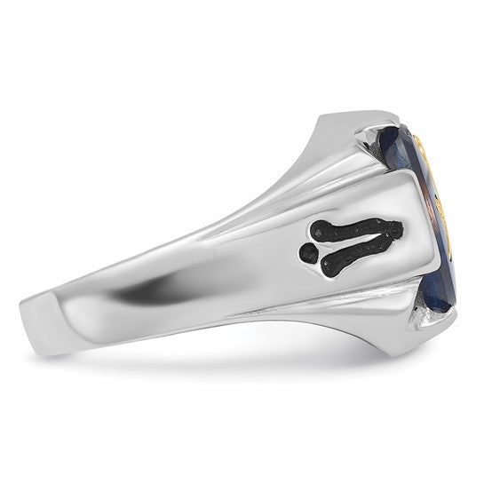 14kt White Gold Men's Polished, Antiqued and Grooved with Imitation Blue Spinel Masonic Ring