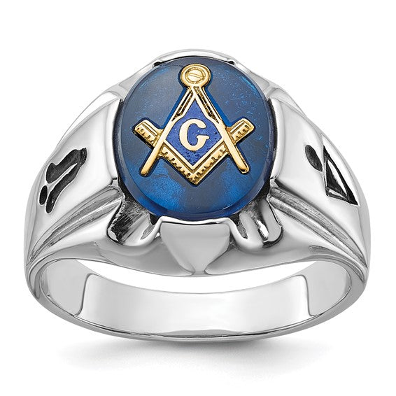 14kt White Gold Men's Polished, Antiqued and Grooved with Imitation Blue Spinel Masonic Ring