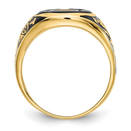 14kt Yellow Gold Men's Polished and Textured with Black Enamel and Oval Onyx Masonic Ring