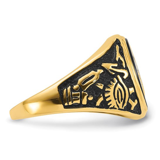 14kt Yellow Gold Men's Polished and Textured with Black Enamel and Oval Onyx Masonic Ring
