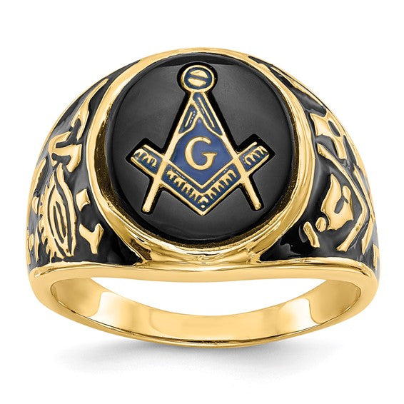 14kt Yellow Gold Men's Polished and Textured with Black Enamel and Oval Onyx Masonic Ring