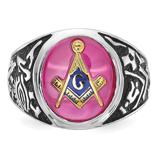 14kt White Gold Men's Polished, Antiqued and Textured with Lab Created Ruby Masonic Ring