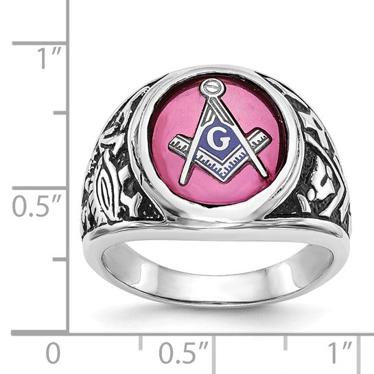 14kt White Gold Men's Polished, Antiqued and Textured with Lab Created Ruby Masonic Ring