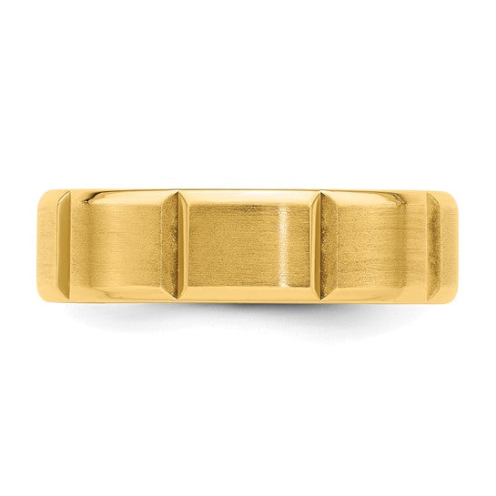 14kt Yellow Gold 6mm Standard Weight Comfort Fit Brushed/Polished Beveled Edge with Vertical Lines Wedding Band Size 13