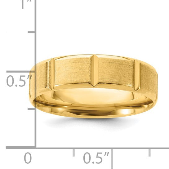 14kt Yellow Gold 6mm Standard Weight Comfort Fit Brushed/Polished Beveled Edge with Vertical Lines Wedding Band Size 13